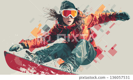 Snowboarding graphic art effect poster. Snowboarding dynamic multicolor graphic wallpaper or banner Snowboarding graphic art effect poster. Snowboarding dynamic multicolor graphic wallpaper or banner 136057531
