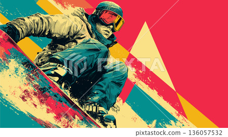 Snowboarding graphic art effect poster. Snowboarding dynamic multicolor graphic wallpaper or banner 136057532