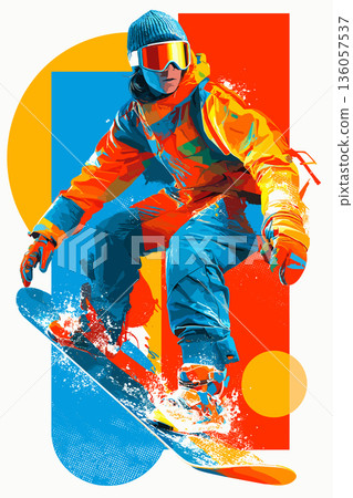 Snowboarding graphic art effect poster. Snowboarding dynamic multicolor graphic wallpaper or banner Snowboarding graphic art effect poster. Snowboarding dynamic multicolor graphic wallpaper or banner 136057537