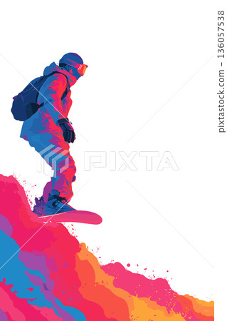 Snowboarding graphic art effect poster. Snowboarding dynamic multicolor graphic wallpaper or banner 136057538