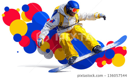 Snowboarding graphic art effect poster. Snowboarding dynamic multicolor graphic wallpaper or banner 136057544