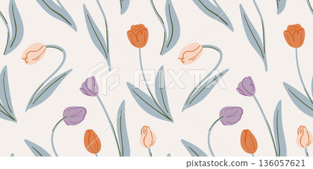 Seamless delicate pattern with blue tulips on a soft powder background, orange, purple and peach spring flowers 136057621