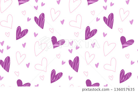 Romantic seamless pattern with hearts, for Valentine s Day, greetings, packaging, purple and pink hearts on white Romantic seamless pattern with hearts, for Valentine s Day, greetings, packaging, purple and pink hearts on white 136057635
