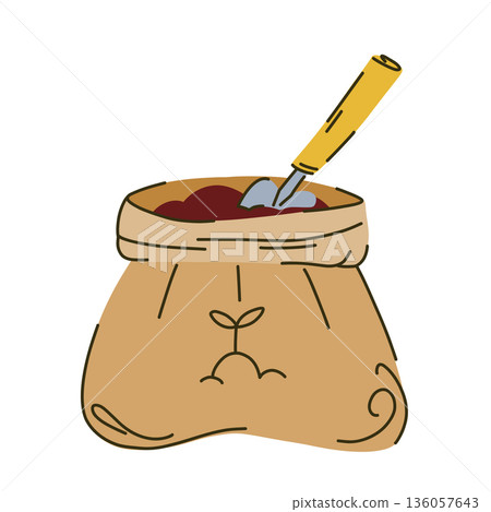 A bag of soil for outdoor and indoor gardening, with a shovel for soil inside and a seedling symbol A bag of soil for outdoor and indoor gardening, with a shovel for soil inside and a seedling symbol 136057643