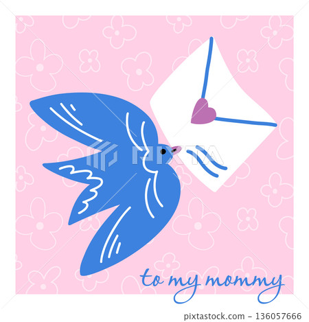 A delicate square card for my mom with a blue swift holding a letter in its beak, for Mother s Day, birthday greetings A delicate square card for my mom with a blue swift holding a letter in its beak, for Mother s Day, birthday greetings 136057666