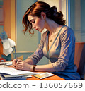 A young woman with long hair sits at her desk writing with a pen. 136057669
