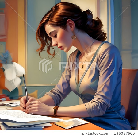 A young woman with long hair sits at her desk writing with a pen. 136057669