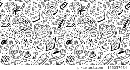 Black and white outline pattern with elements of a German breakfast with slices, buns, jam, and coffee 136057684