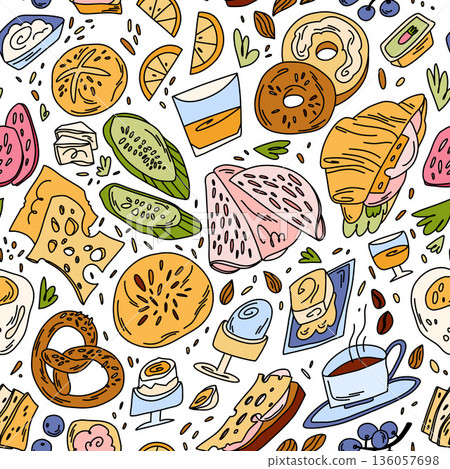 Seamless pattern with German breakfast, buns, sausage, cheese, etc. European food in doodle style. Seamless pattern with German breakfast, buns, sausage, cheese, etc. European food in doodle style. 136057698