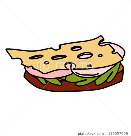 Doodle sandwich with Swiss cheese, ham, and herbs. German breakfast, butterbrot Doodle sandwich with Swiss cheese, ham, and herbs. German breakfast, butterbrot 136057699