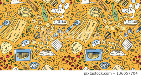 Seamless hand drawn pattern featuring pasta making elements. The illustration includes dough, flour, eggs, rolling pin, pasta machine, spaghetti, ravioli, tomatoes, herbs and olive oil. 136057704
