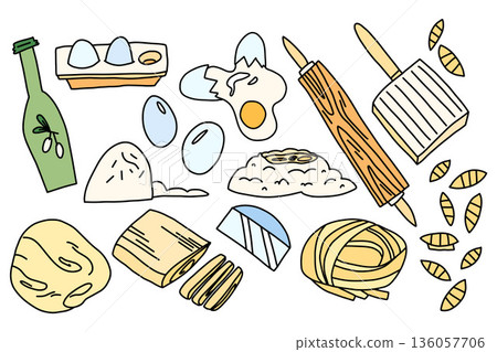 A large pasta making set, including eggs, flour, butter, a dough ball, and cooking utensils, a rolling pin, a pasta maker, and a stamp. A collection for shared cooking. 136057706