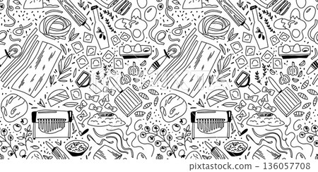Seamless pattern coloring page with a pasta cooking set, making pasta and ravioli at home Seamless pattern coloring page with a pasta cooking set, making pasta and ravioli at home 136057708