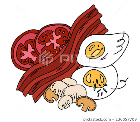 Classic Breakfast Spread with Bacon, Eggs, and Vegetables, sliced tomatoes and champignons 136057709