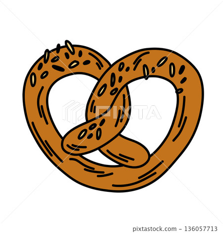 A classic hand-drawn pretzel snack. Knotted pastries with seeds and herbs. 136057713