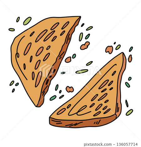 Hand drawn slices of toast among crispy crumbs and herb leaves, broken crisp bread 136057714