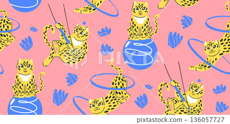 Seamless rich circus pattern with wild cats and gymnastics equipment, cheetahs in pink and yellow Seamless rich circus pattern with wild cats and gymnastics equipment, cheetahs in pink and yellow 136057727