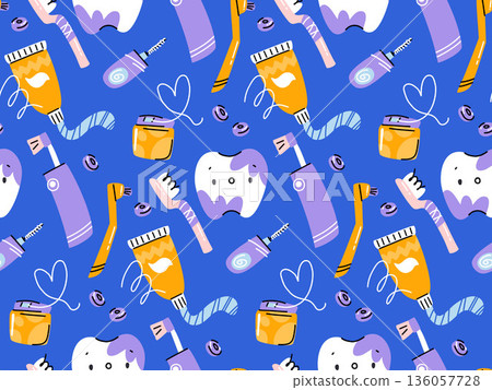 Dental pattern. A tooth stained with plaque tablet among toothbrushes, toothpastes, and dental floss 136057728