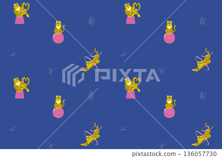 A sparse repeating pattern with small circus leopard figures holding rings, pedestals and large ball A sparse repeating pattern with small circus leopard figures holding rings, pedestals and large ball 136057730
