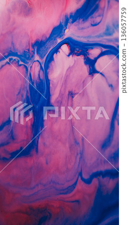 Art texture blur. Colorful paint background. Blue marble wave on purple abstract acrylic pigment. Neon splash mix in dye swirl stream. 136057759