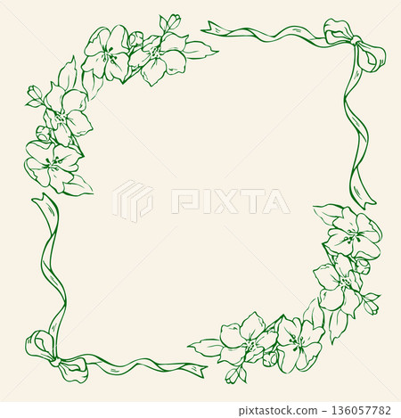Whimsical floral frame with ribbon bow. Charming illustration for invitation Whimsical floral frame with ribbon bow. Charming illustration for invitation 136057782