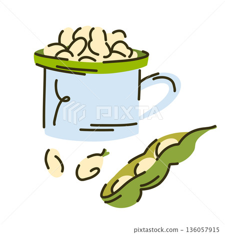 Metal enamel cup with white kidney beans for planting in the ground, pod and beans for planting seeds, autumn harvest 136057915