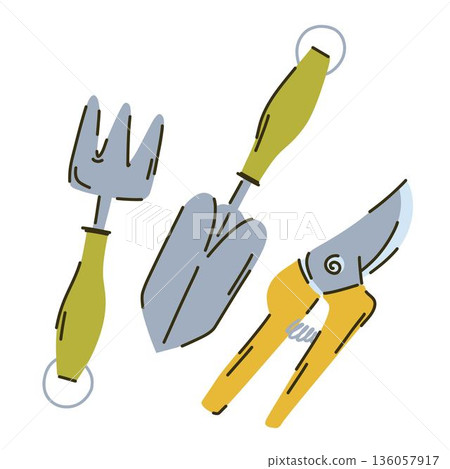 Garden trowel, hoe and pruning shears are tools for gardening, planting seeds, and weed control. Garden trowel, hoe and pruning shears are tools for gardening, planting seeds, and weed control. 136057917