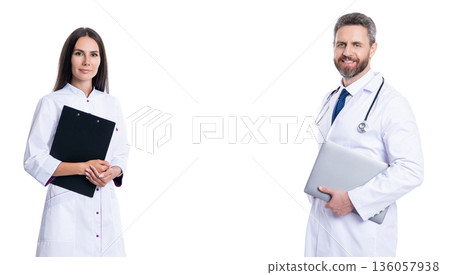 medicine and healthcare. doctor at hospital. two doctor hold medical prescription. doctor and nurse with clipboard isolated on white. professional physician with internist. Prescription refill medicine and healthcare. doctor at hospital. two doctor hold medical prescription. doctor and nurse with clipboard isolated on white. professional physician with internist. Prescription refill 136057938