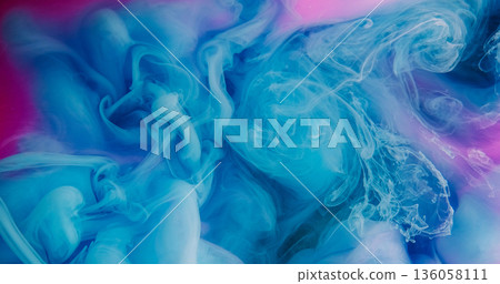 Fume paint blend. Steam ink drop. Defocused blue pink purple colorful cloud fog water bright splash spreading on abstract background. Fume paint blend. Steam ink drop. Defocused blue pink purple colorful cloud fog water bright splash spreading on abstract background. 136058111