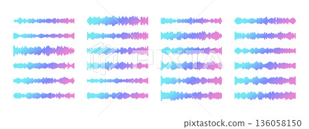 Soundwave graphic with gradient audio frequency lines and equalizer bars. Clean podcast simple icon with fluid pattern for radio broadcast, voice recording, or digital player interface design. Soundwave graphic with gradient audio frequency lines and equalizer bars. Clean podcast simple icon with fluid pattern for radio broadcast, voice recording, or digital player interface design. 136058150