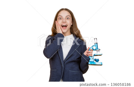 Microscope research. Scientific education. School biology girl hold microscope. Amazed student of biology. Back to school. Teen girl with microscope isolated on white. Biology science for schoolgirl Microscope research. Scientific education. School biology girl hold microscope. Amazed student of biology. Back to school. Teen girl with microscope isolated on white. Biology science for schoolgirl 136058186
