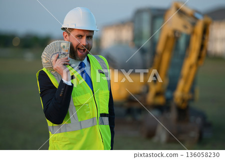 photo of inspector man with money budget, banner. inspector man with money budget. 136058230