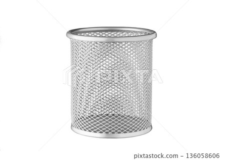 metallic Glass of gray color for stationery, pencils, pens, scissors, ruler, on an isolated white background metallic Glass of gray color for stationery, pencils, pens, scissors, ruler, on an isolated white background 136058606
