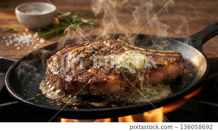 厚切牛排在煎鍋中用明火烤製。野營烹飪場景。 136058692