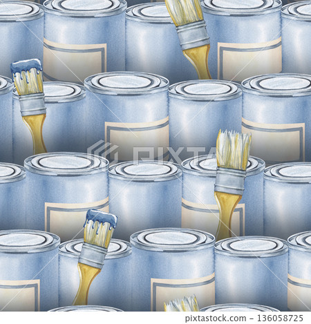 Seamless horizontal pattern with paint cans and brushes on a wooden handle. Watercolor illustration of the painter's working tools. A realistic background for the design of repair and construction 136058725