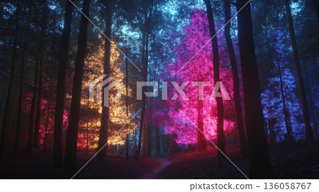 Experience the enchanting vibrant forest that transforms through amazing colorful projections 136058767