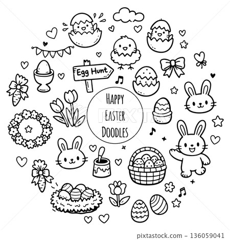 Cute Easter Doodle Line Art Collection. Hand drawn elements 136059041