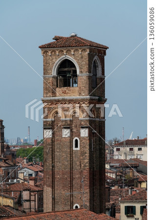 San Giovanni Elemosinario bell tower over Venice rooftops, Italy San Giovanni Elemosinario bell tower over Venice rooftops, Italy 136059086