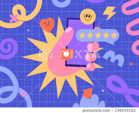 Smartphone in hand, five stars rating in text speech bubble on fun childish background. Positive 5 star customer product rating review for apps and websites. Quality, feedback concept. Vector 136059102