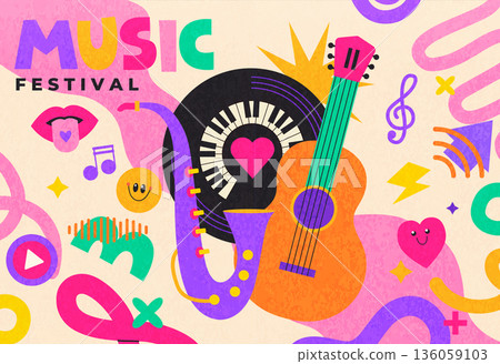 Summer music festival textured banner on fun childish background. Musical fest party,concept of live music festival, jazz and rock event. Music poster with guitar, saxophone and vinyl record. Vector Summer music festival textured banner on fun childish background. Musical fest party,concept of live music festival, jazz and rock event. Music poster with guitar, saxophone and vinyl record. Vector 136059103