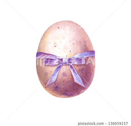 A single colored egg with splashes of paint and a purple bow. Watercolor illustration on an isolated background. Easter pink egg for festive spring decor and holiday decoration. 136059157
