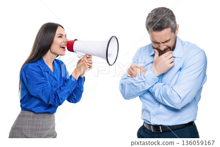 businesswoman shouting on employee in loudspeaker isolated on white. business boss has conflict with partner about promotion. solving conflict. rivalry concept. business conflict. big problem businesswoman shouting on employee in loudspeaker isolated on white. business boss has conflict with partner about promotion. solving conflict. rivalry concept. business conflict. big problem 136059167