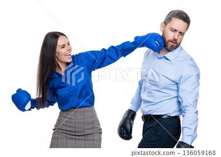 businesspeople fight against each other. business fight. business partners fighting in boxing gloves isolated on white. anger management. business fight with two businesspeople. Resolving conflict businesspeople fight against each other. business fight. business partners fighting in boxing gloves isolated on white. anger management. business fight with two businesspeople. Resolving conflict 136059168