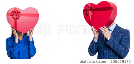 Businesspeople with gift box isolated on white. Valentines day celebration in office. Valentines day marketing. Love and heart. Giving gift reward. Businesspeople with present. Advertisement banner Businesspeople with gift box isolated on white. Valentines day celebration in office. Valentines day marketing. Love and heart. Giving gift reward. Businesspeople with present. Advertisement banner 136059173