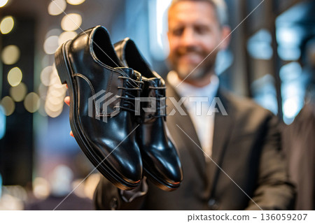 Classic leather shoes for formal look, selective focus. Formal shoe. Leather footwear. Shop assistant man in shoe store hold classic footwear. Shoe store. Man elegant footwear in shop, copy space 136059207