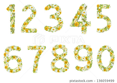 花卉數字套裝 0-9，壓花材質，首字母花朵，黃色，植物主題，透明背景 PNG 136059499