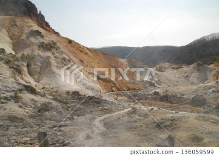 The desolate landscape of the hot spring area spreads out before you The desolate landscape of the hot spring area spreads out before you 136059599