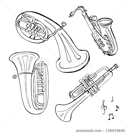 Hand-drawn black and white line art composition of various musical instruments, including a saxophone, trumpet, tuba, and French horn, accented by musical notes. This minimalist ensemble sketch is 136059680