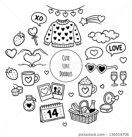 Hand draw doodle valentines day illustration. Love decorative elements with hearts 136059706