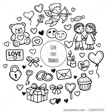 Hand draw doodle valentines day illustration. Love decorative elements with hearts 136059707